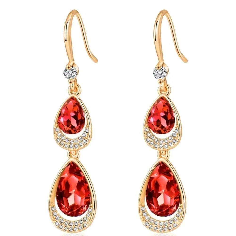 14K Yellow Gold with Ruby Red Austrian Crystal Double Teardrop Hook Earrings